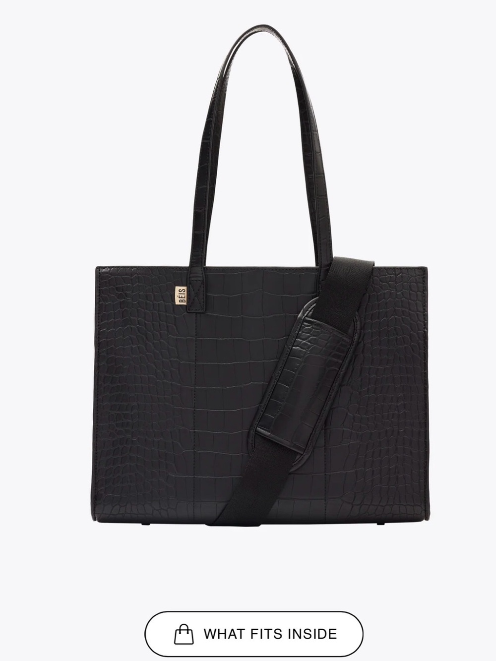 Beis The Work Tote Black Croc-Embossed Tote with Detachable Strap